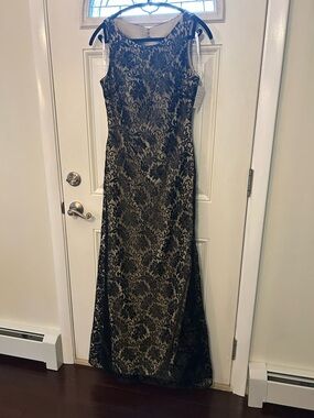 Impressions Black Lace Overlay Nude Satin Maxi Dress